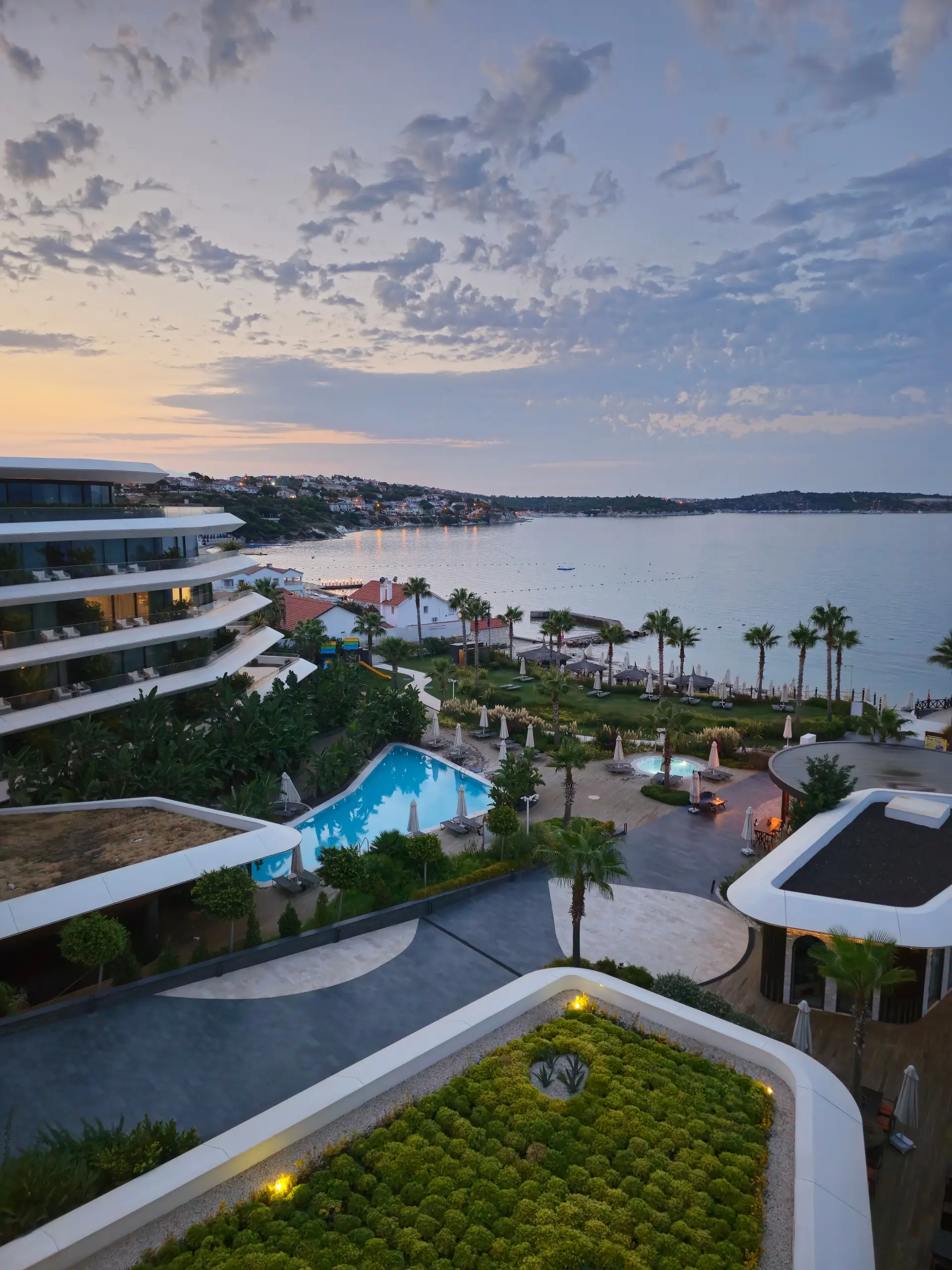 Luxury New Zealand resort architecture at sunset